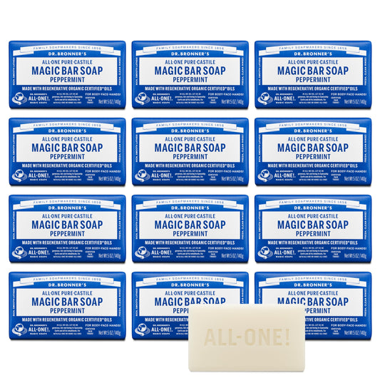 Dr. Bronner's front packaging showing peppermint bars and eco-friendly branding benefit