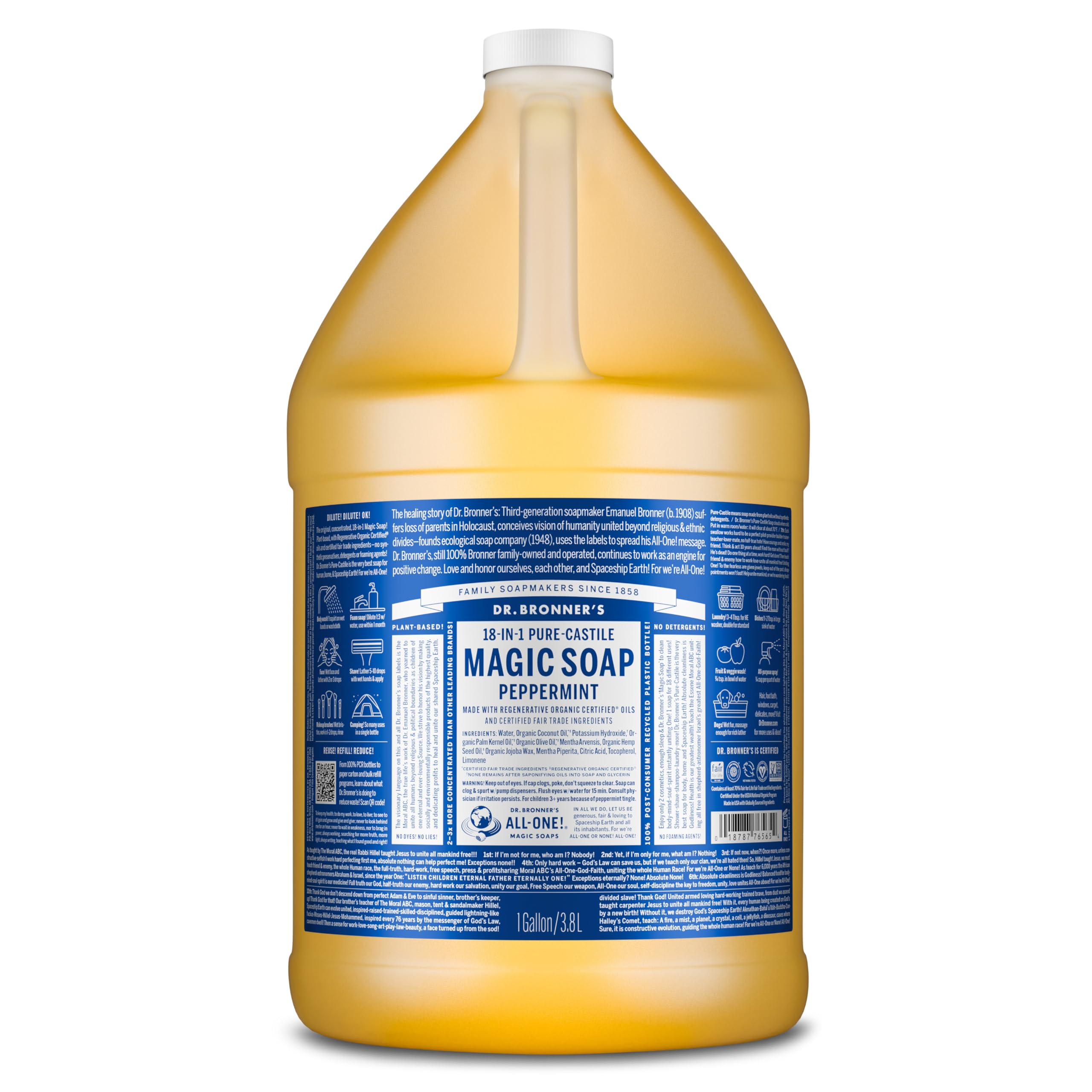 Dr. Bronner's peppermint gallon front label showing product benefits and certification