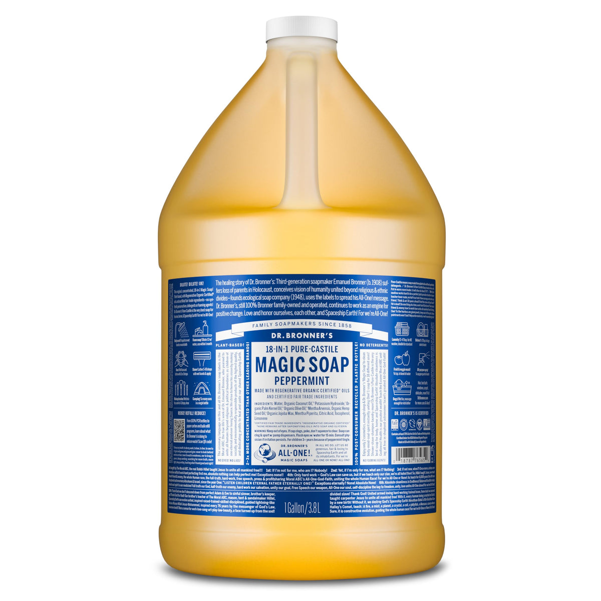 Dr. Bronner's peppermint gallon front label showing product benefits and certification