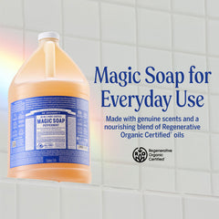 Dr. Bronner's pouring peppermint soap concentrate into a dispenser for refills