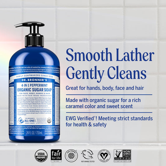 Dr. Bronner's dispensing peppermint soap from pump demonstrating easy use