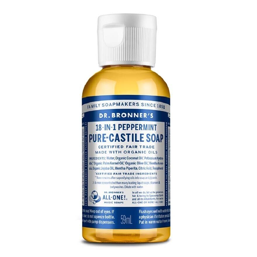 Dr. Bronner's travel bottle front label showing peppermint scent and compact size, great for travel