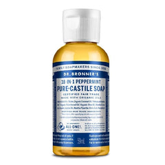 Dr. Bronner's travel bottle front label showing peppermint scent and compact size, great for travel