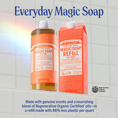 Dr. Bronner's soap being poured into a dispenser to show dilution control and concentration