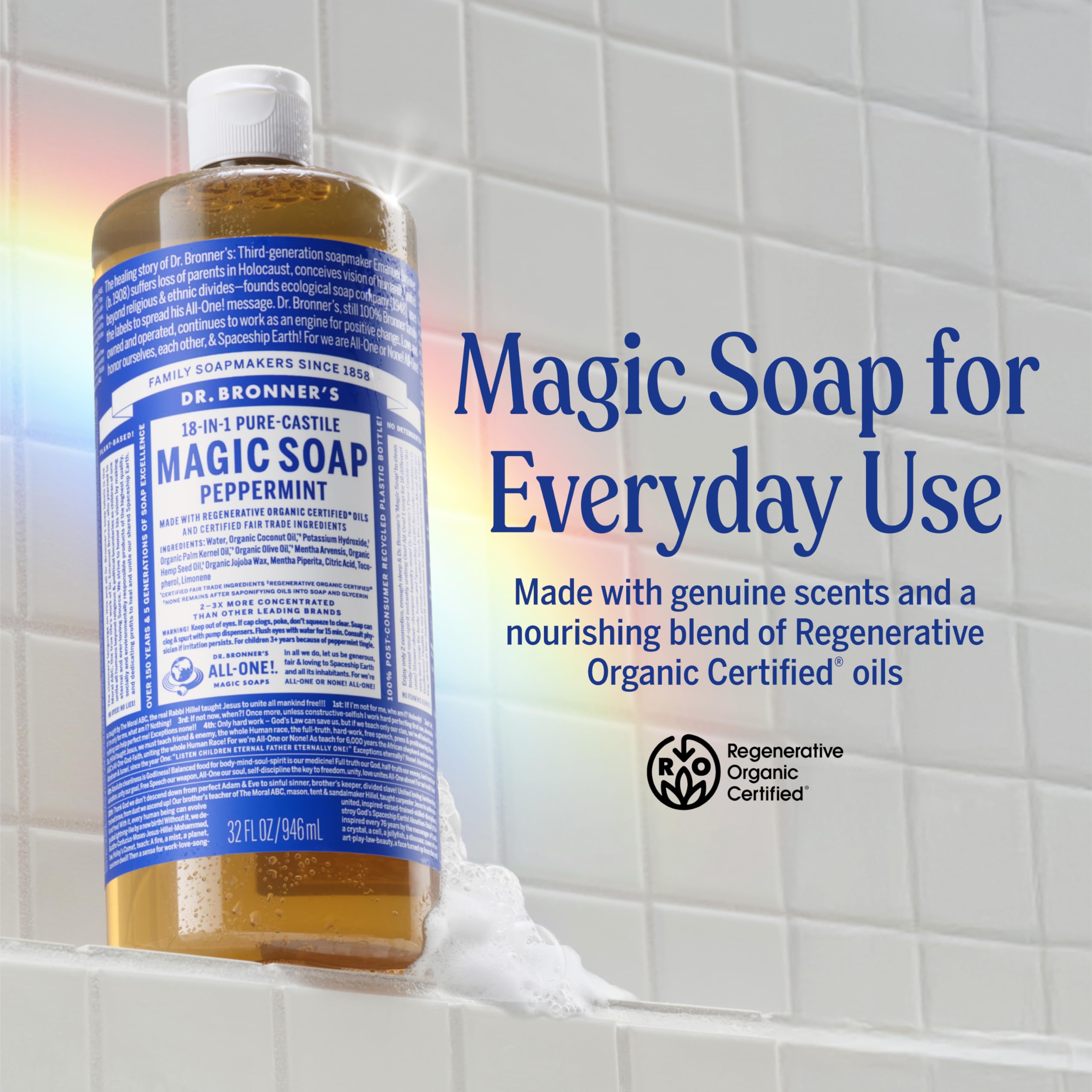 Dr. Bronner's soap being poured and lathering to demonstrate rich foam and efficiency