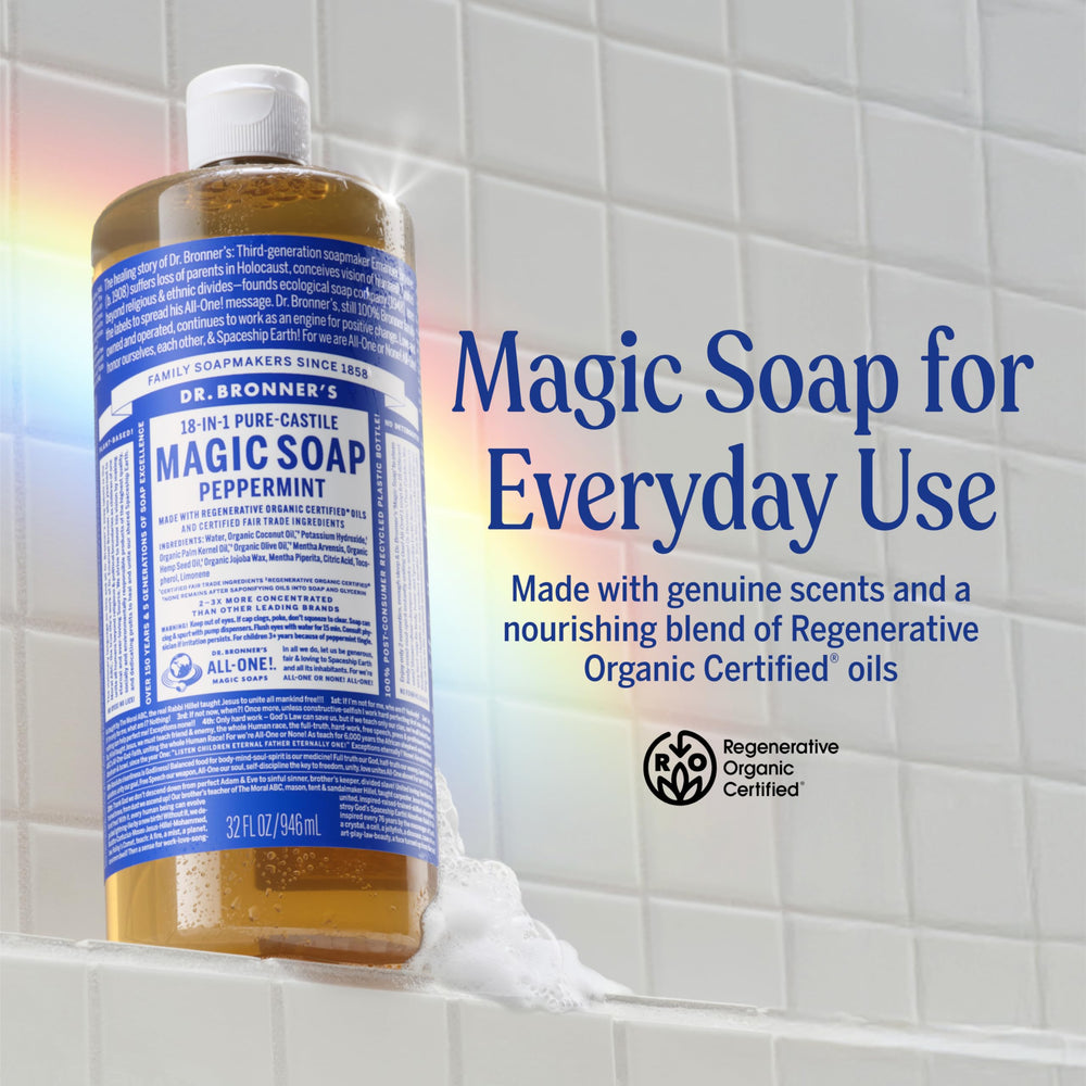 Dr. Bronner's soap being poured and lathering to demonstrate rich foam and efficiency