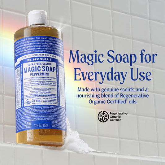 Dr. Bronner's soap being poured and lathering to demonstrate rich foam and efficiency