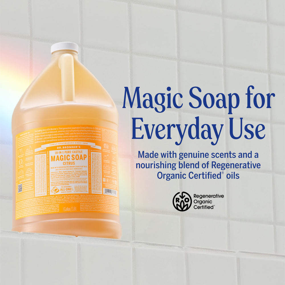 Dr. Bronner's being poured to dilute with water for concentrated value