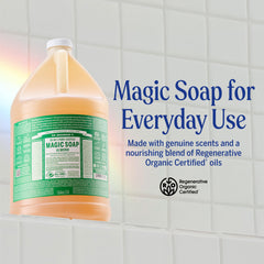 Dr. Bronner's pouring concentrated soap into a small bottle for dilution and savings