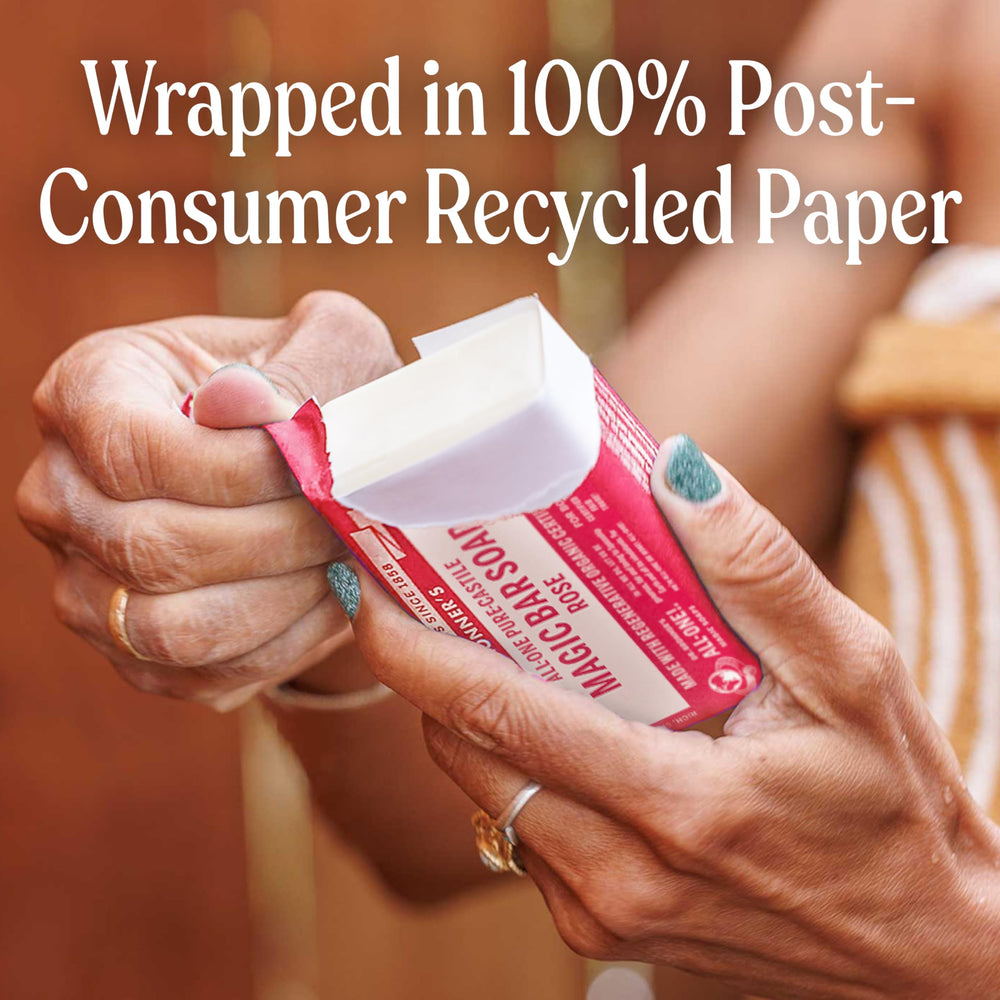 Dr. Bronner's Rose bar recycled wrapper detail highlighting eco packaging benefit