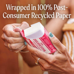 Dr. Bronner's Rose bar recycled wrapper detail highlighting eco packaging benefit