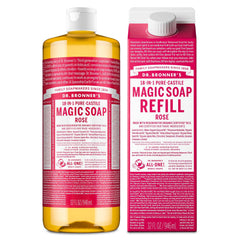 Dr. Bronner's rose bottle front view showing scent and size benefits