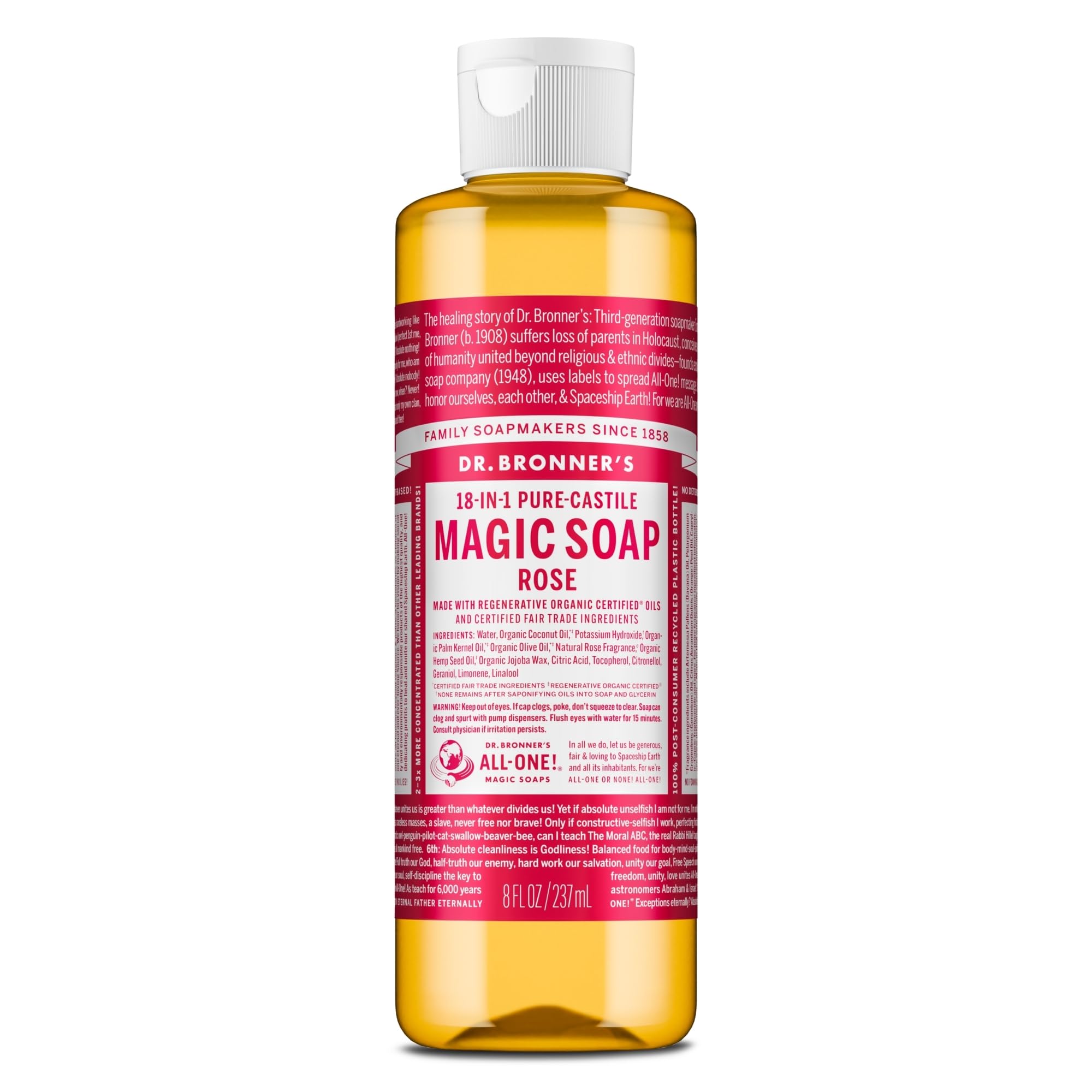 Dr. Bronner's rose bottle front label showing size and benefits