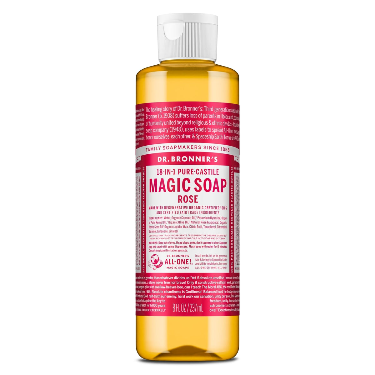 Dr. Bronner's rose bottle front label showing size and benefits