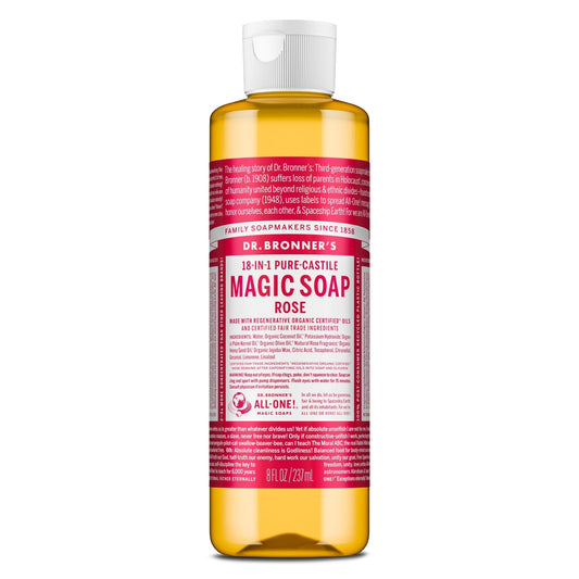 Dr. Bronner's rose bottle front label showing size and benefits