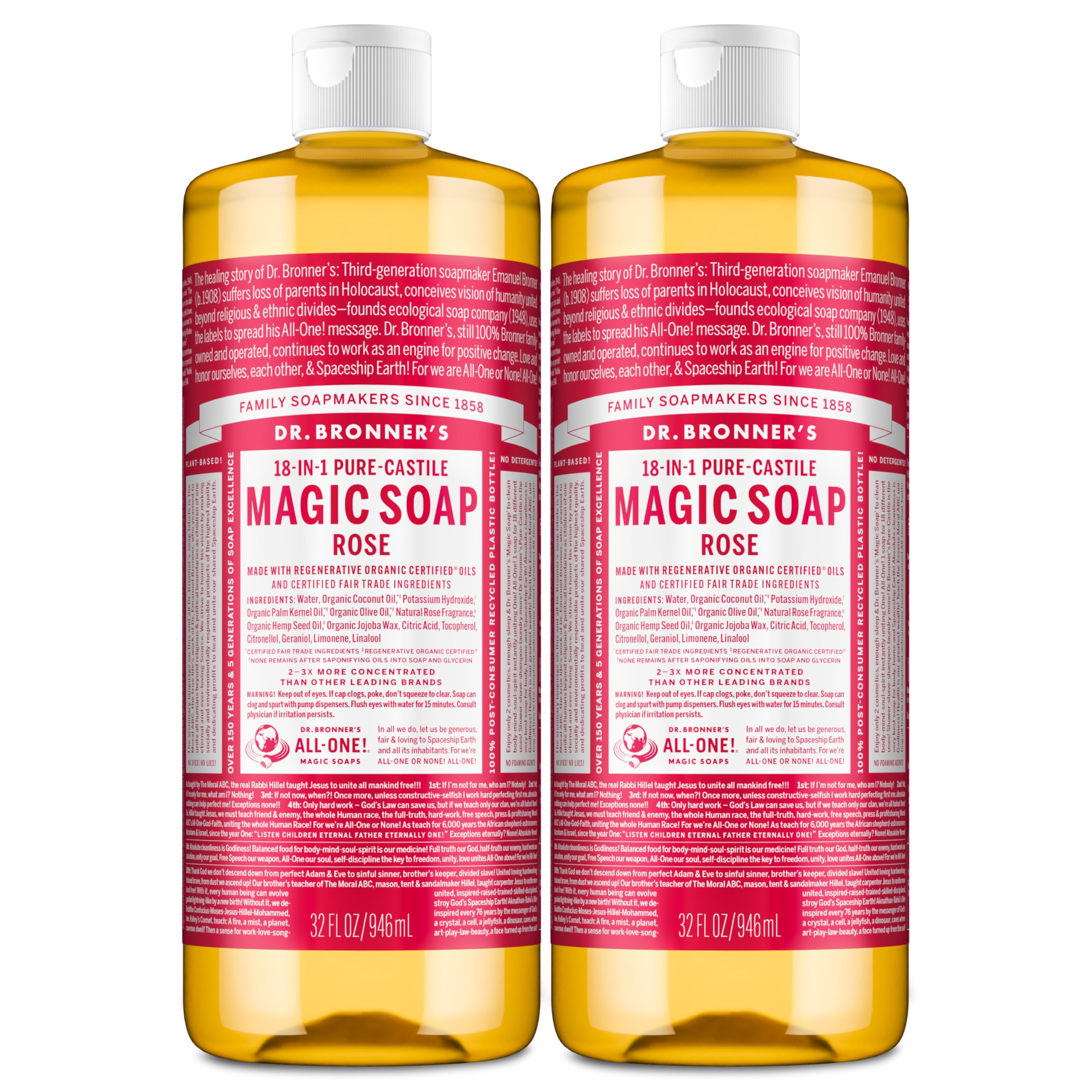 Dr. Bronner's rose front packaging shows two 32 oz bottles and benefits