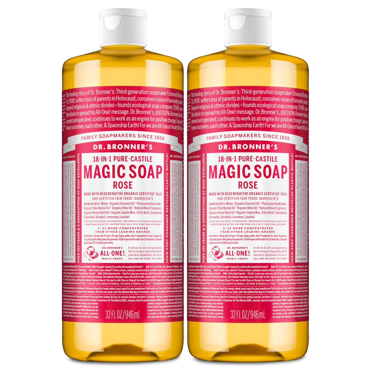 Dr. Bronner's rose front packaging shows two 32 oz bottles and benefits
