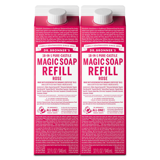 Dr. Bronner's front carton showing rose label and refill size for eco savings