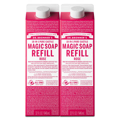 Dr. Bronner's front carton showing rose label and refill size for eco savings