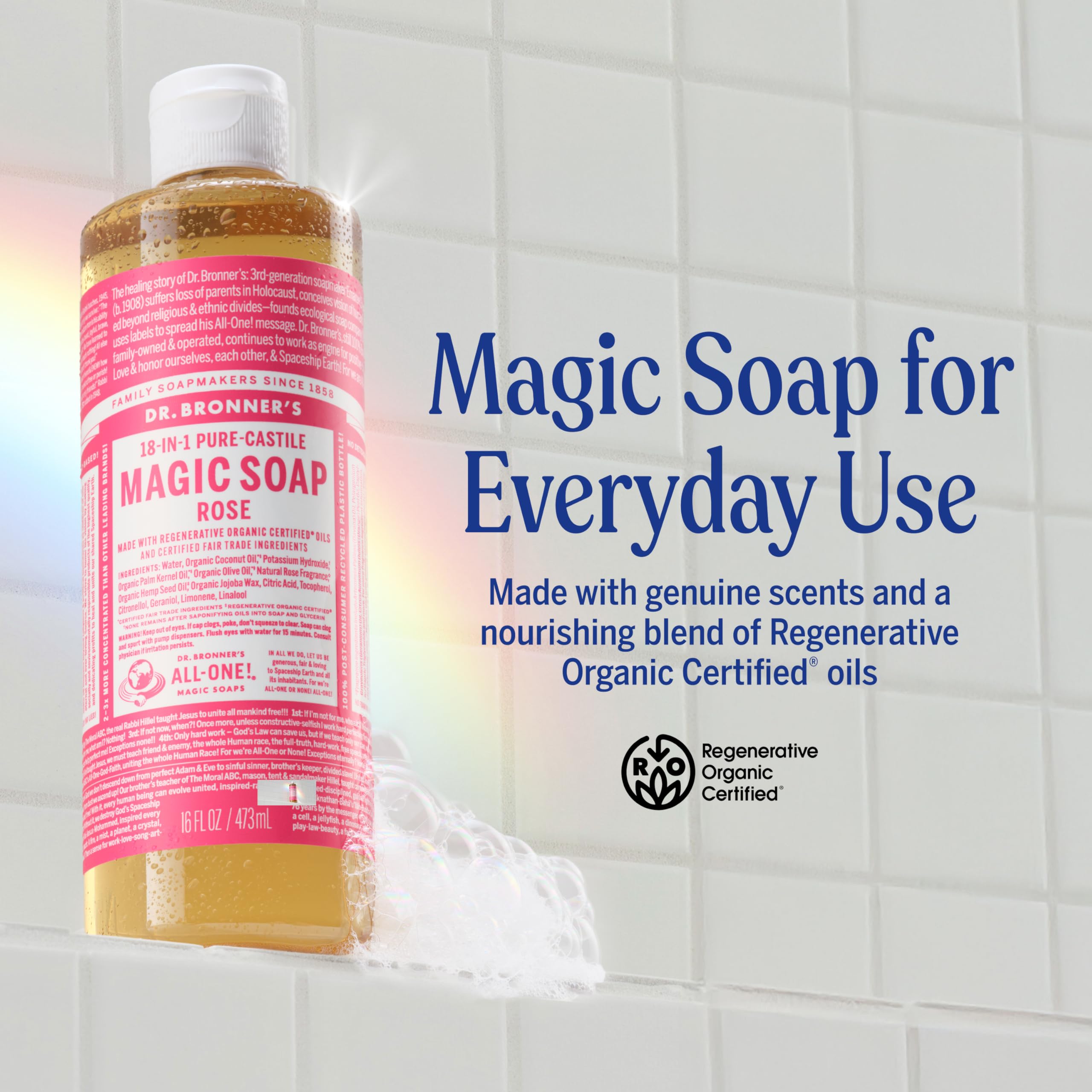Dr. Bronner's rose label closeup highlighting organic and fair-trade ingredients