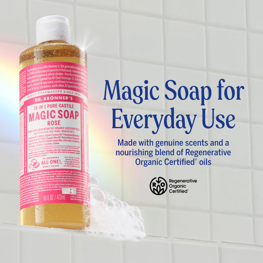 Dr. Bronner's rose label closeup highlighting organic and fair-trade ingredients