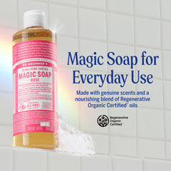 Dr. Bronner's rose label closeup highlighting organic and fair-trade ingredients