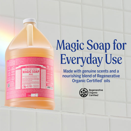 Dr. Bronner's rose soap being poured, illustrating concentrated use