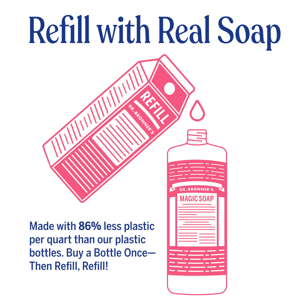 Dr. Bronner's refill pouch displayed to highlight reduced plastic waste
