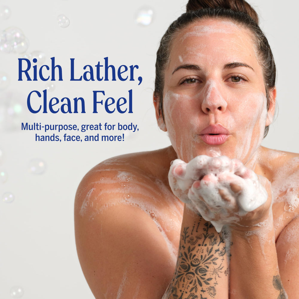 Dr. Bronner's in shower being used as body wash for refreshing cleanse