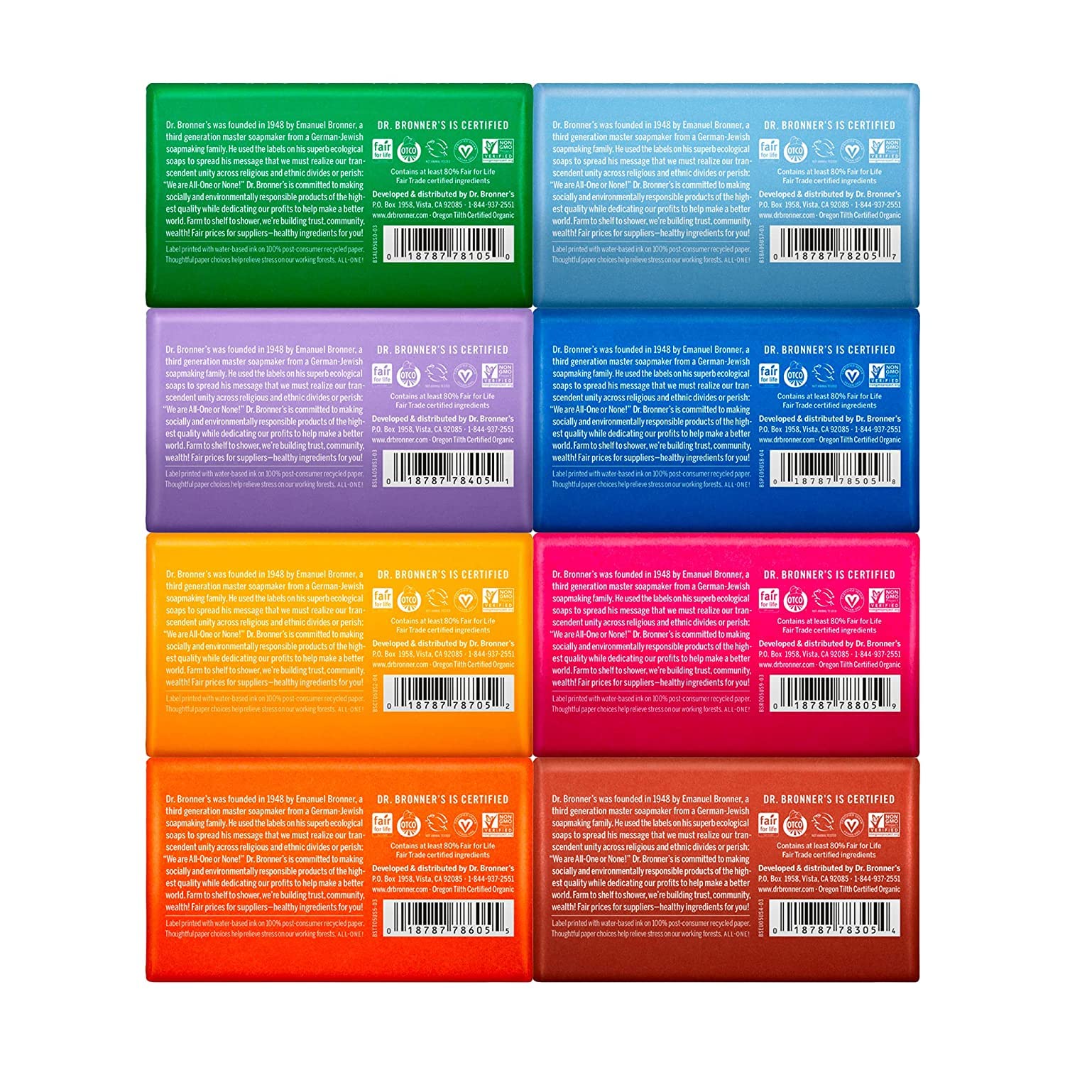 Dr. Bronner's array of eight scent bars displayed to compare options