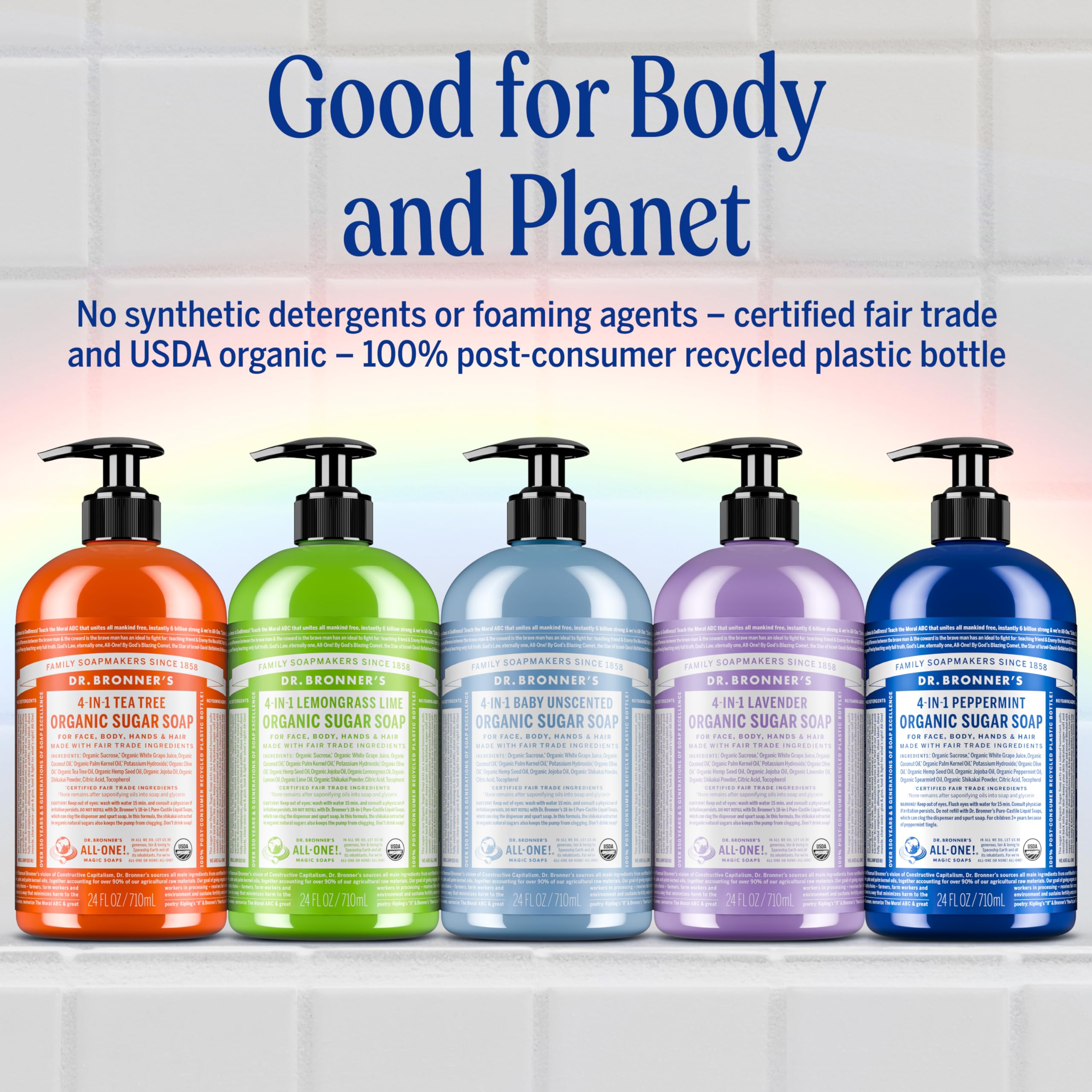 Dr. Bronner's sugar soap being used in shower, showing gentle full-body cleansing