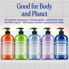 Dr. Bronner's sugar soap being used in shower, showing gentle full-body cleansing