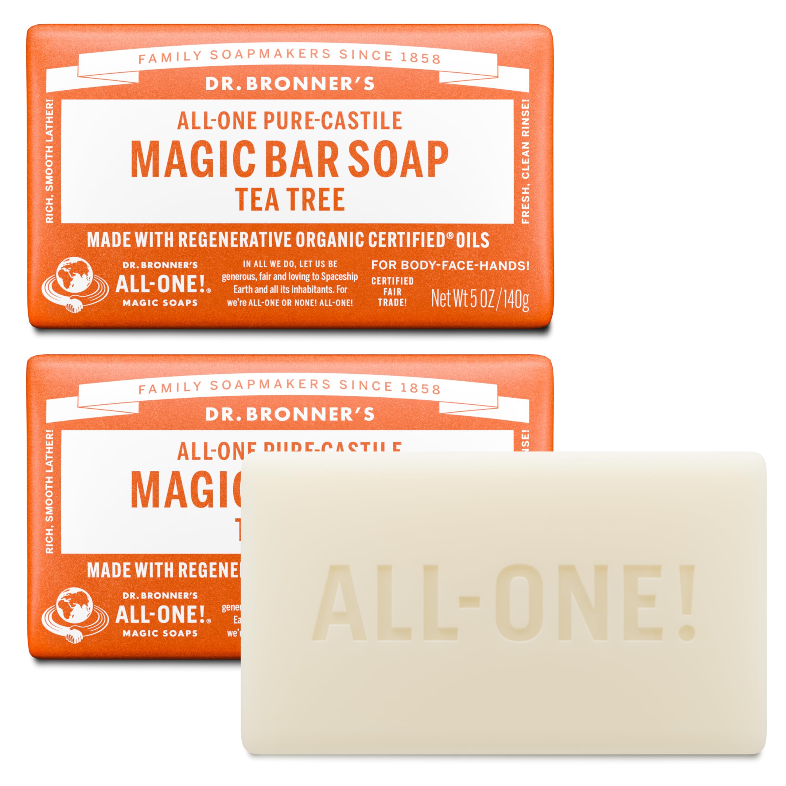 Dr. Bronner's tea tree bar front packaging showing recyclable wrapper and brand