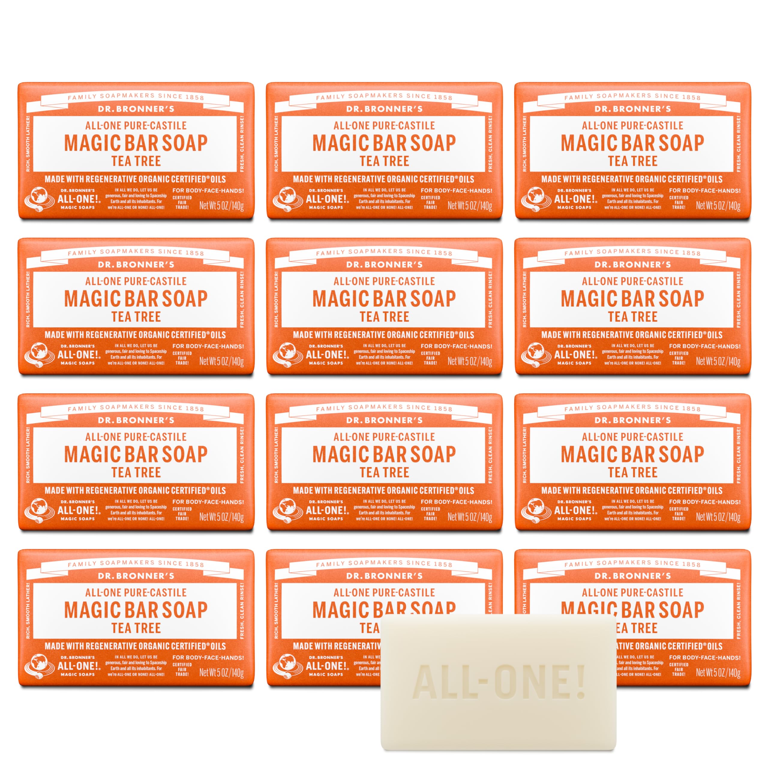 Dr. Bronner's front packaging showing Tea Tree bar benefits and recycled wrapper