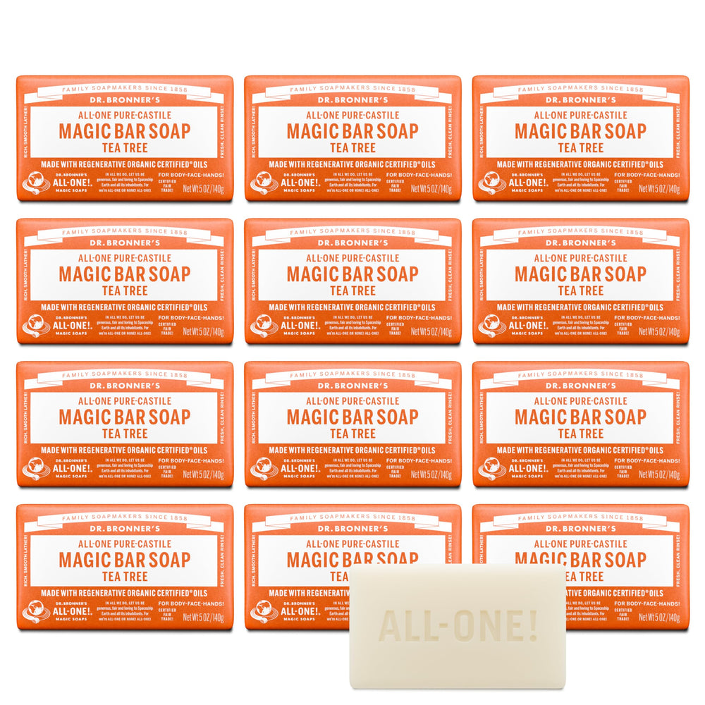 Dr. Bronner's front packaging showing Tea Tree bar benefits and recycled wrapper