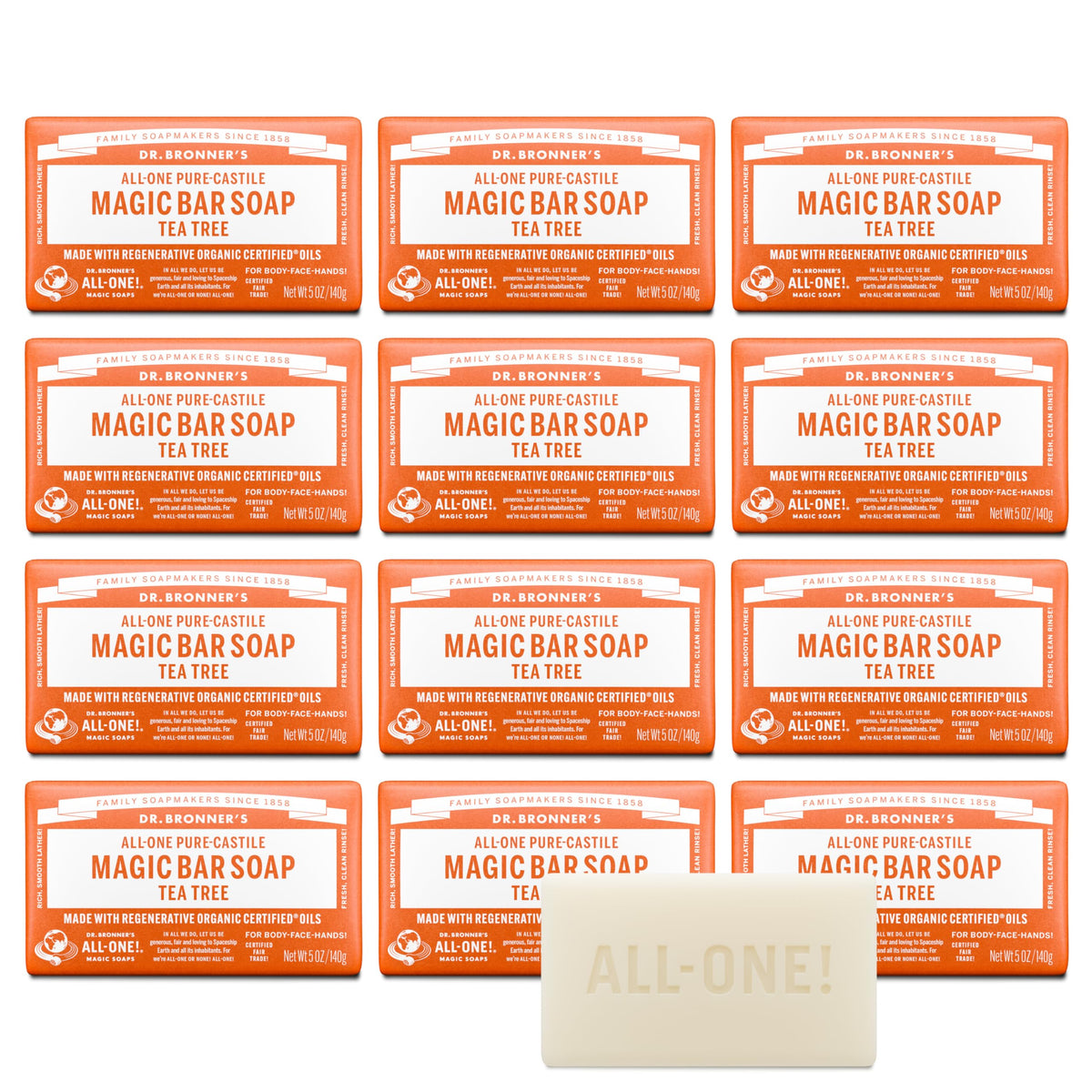 Dr. Bronner's front packaging showing Tea Tree bar benefits and recycled wrapper
