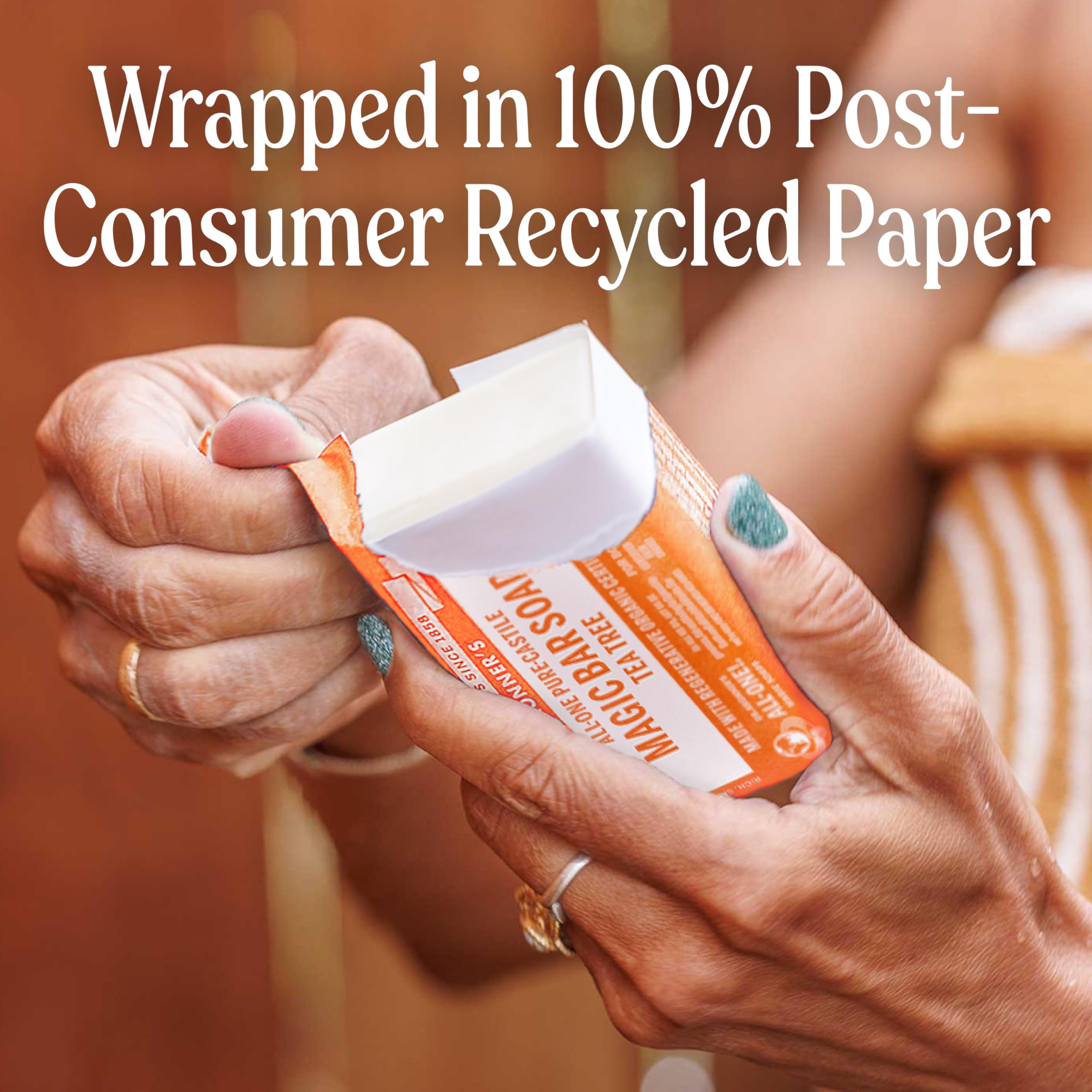 Dr. Bronner's tea tree bar on bathroom shelf suggesting sustainable daily use