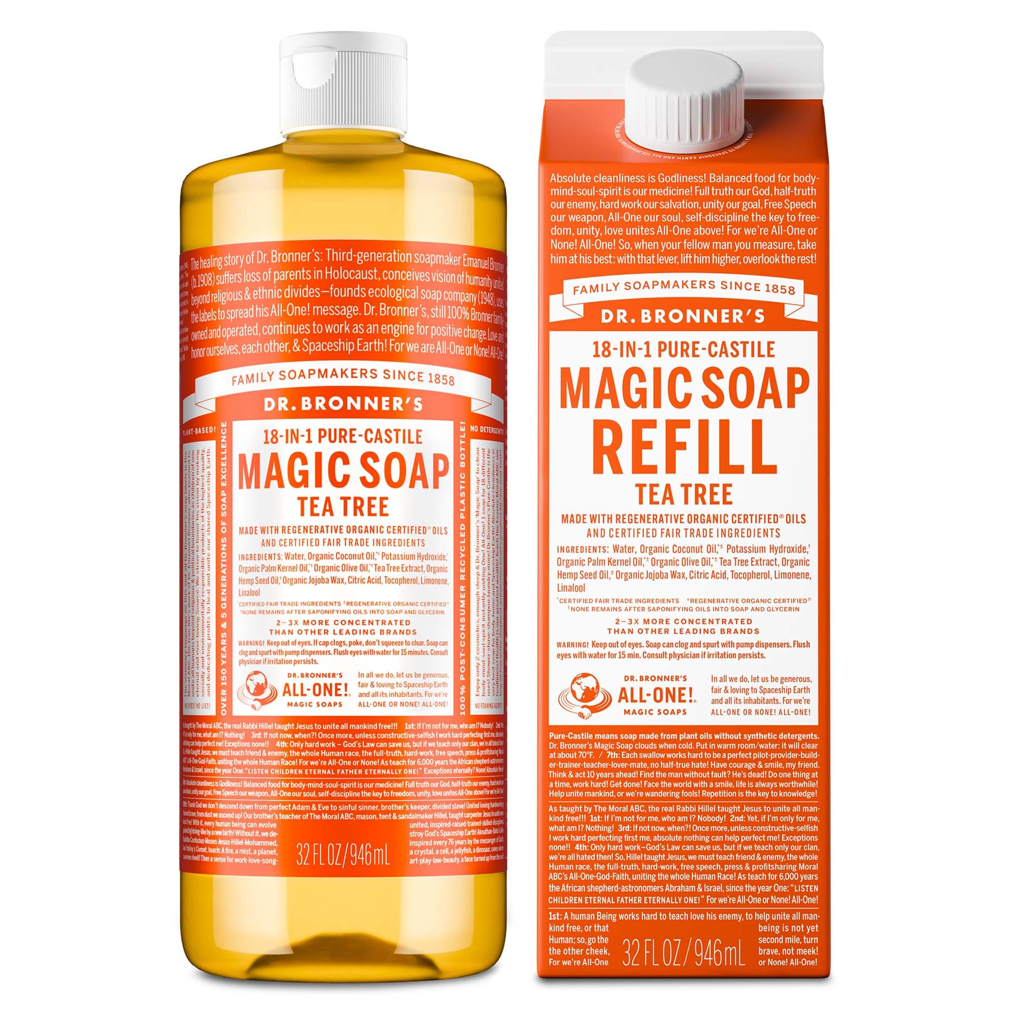 Dr. Bronner's tea tree front bottle showing branding and organic claim for versatile cleaning
