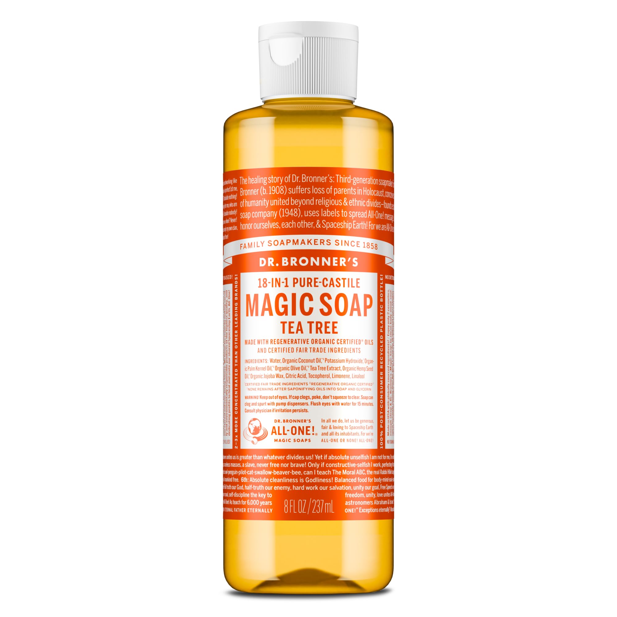 Dr. Bronner's front label showing tea tree 8 oz and organic benefits