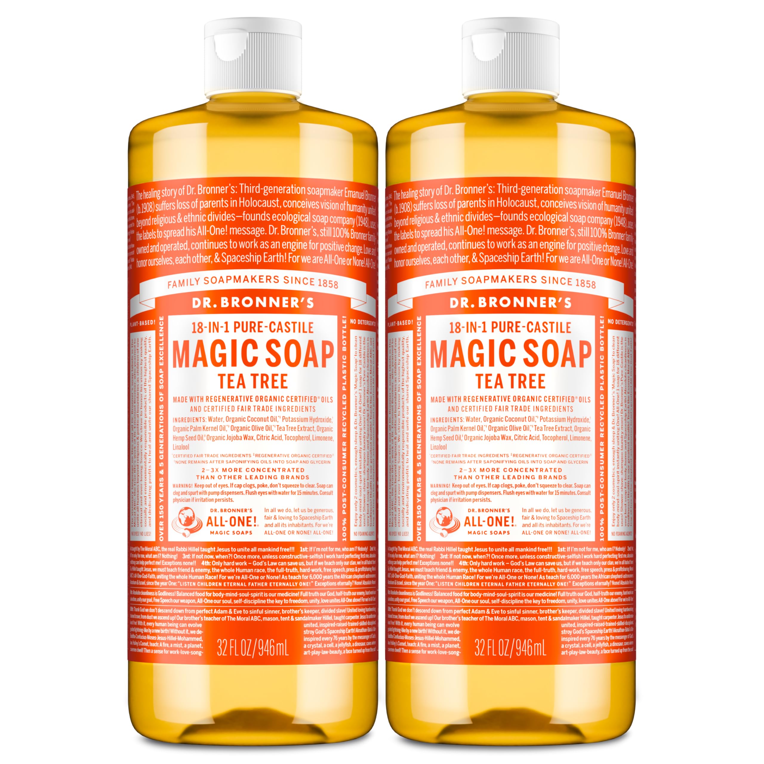 Dr. Bronner's tea tree front packaging shows product and eco credentials