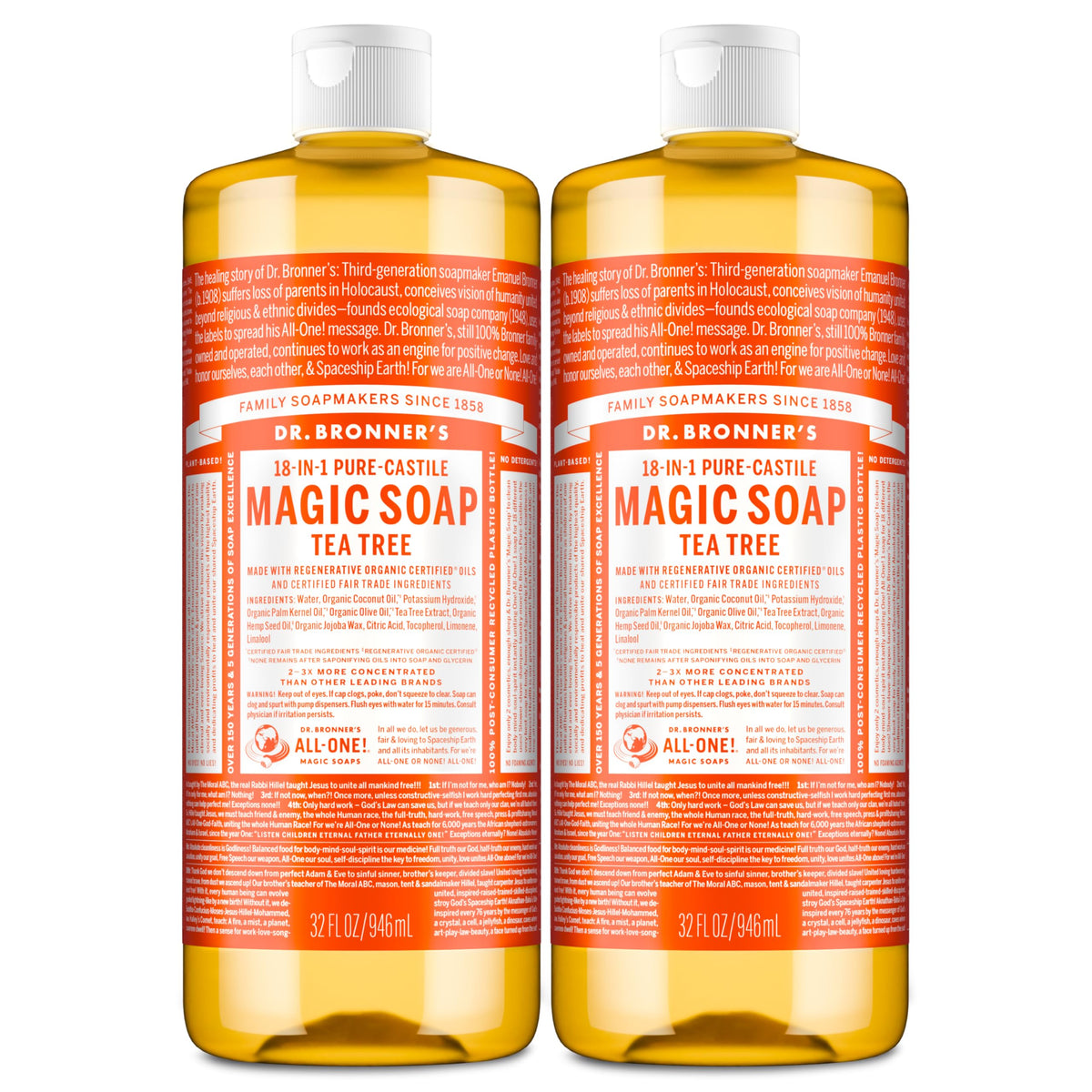 Dr. Bronner's tea tree front packaging shows product and eco credentials