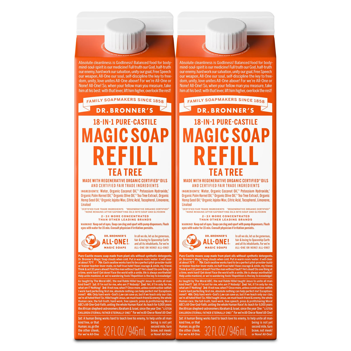 Dr. Bronner's tea tree front packaging shows eco-friendly refill benefits