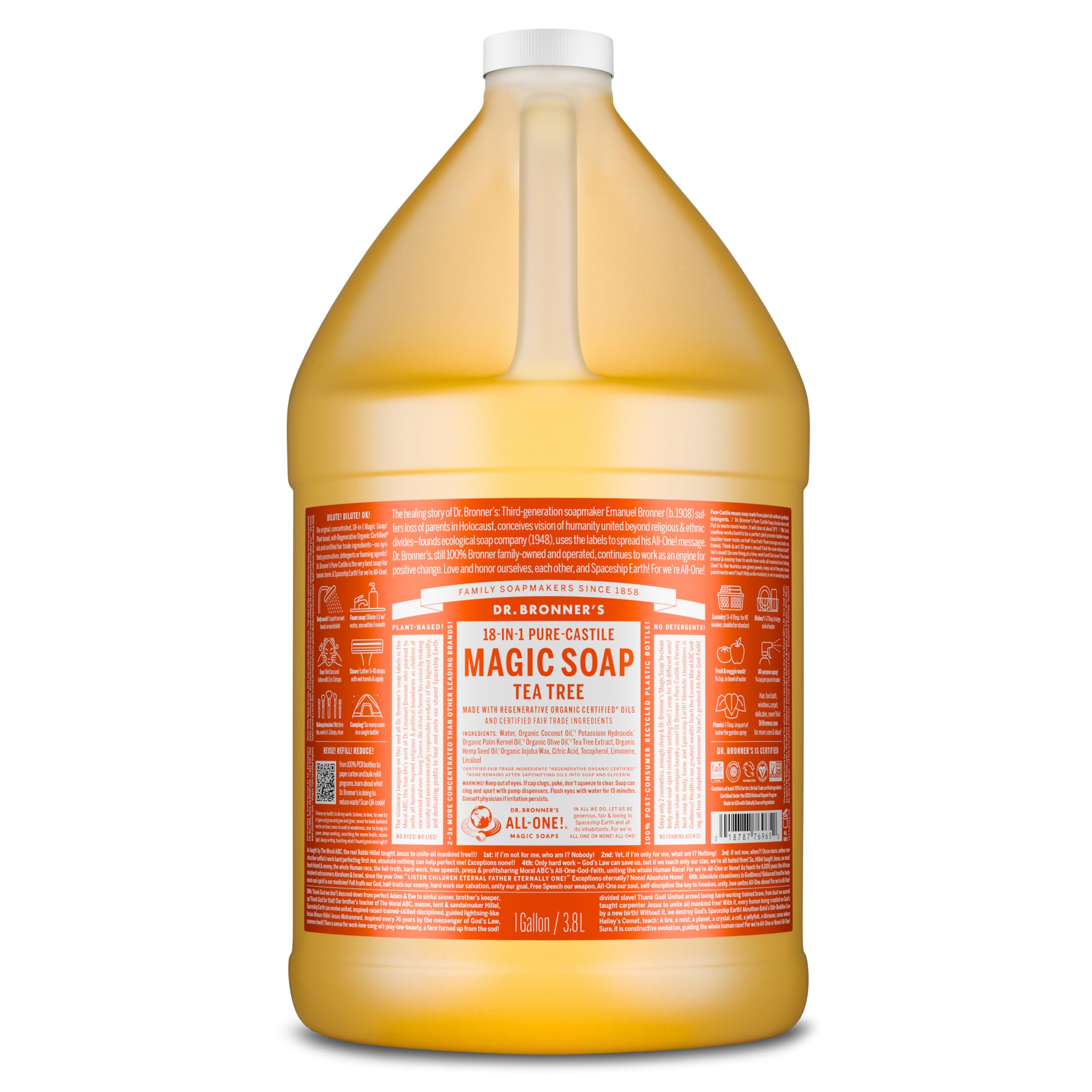 Dr. Bronner's tea tree one-gallon front label showing product and benefits