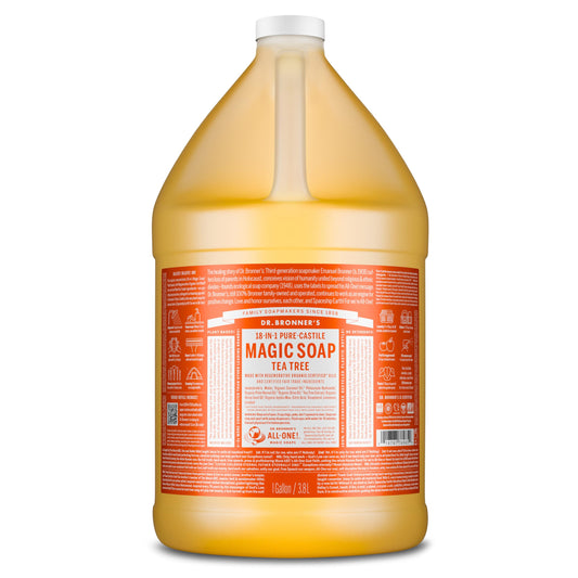Dr. Bronner's tea tree one-gallon front label showing product and benefits