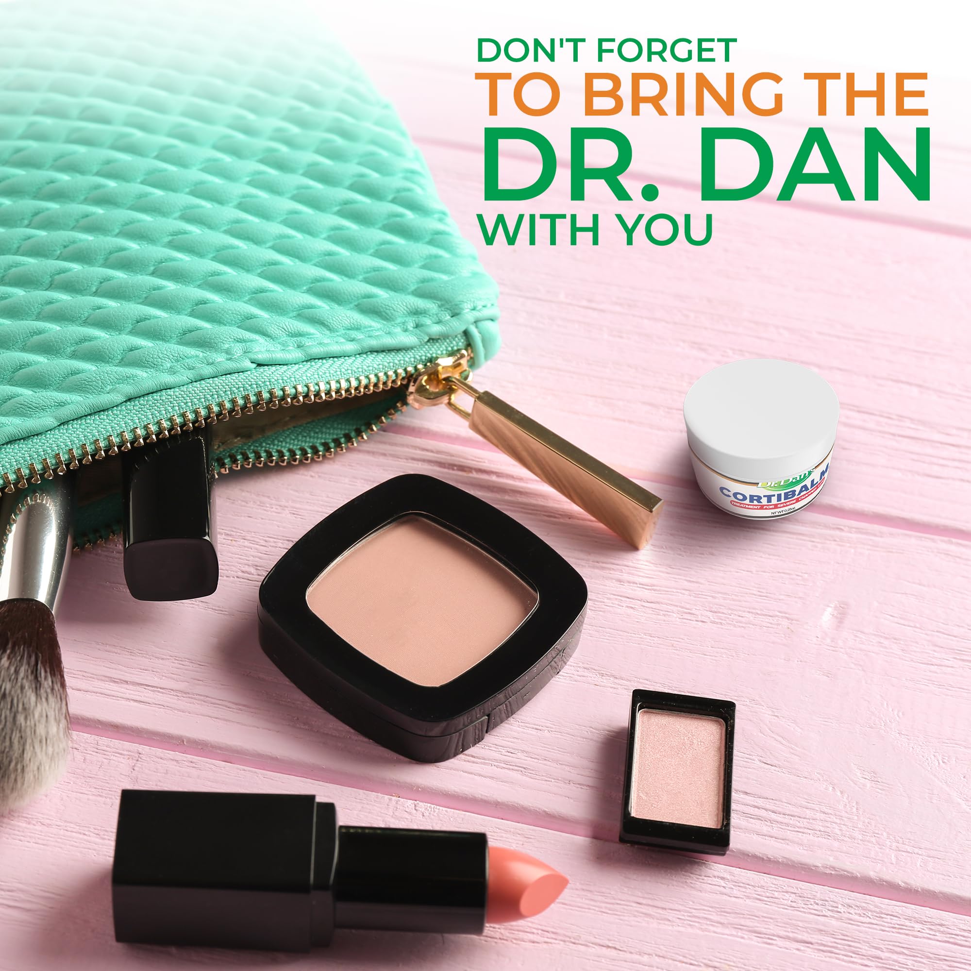 Dr. Dan's jar in travel kit indicating convenient on-the-go treatment