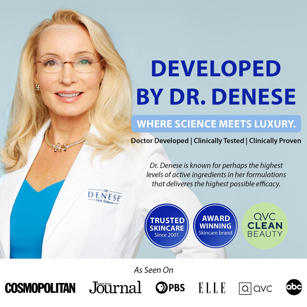 Dr. Denese bottle on vanity in lifestyle setting suggesting daily use