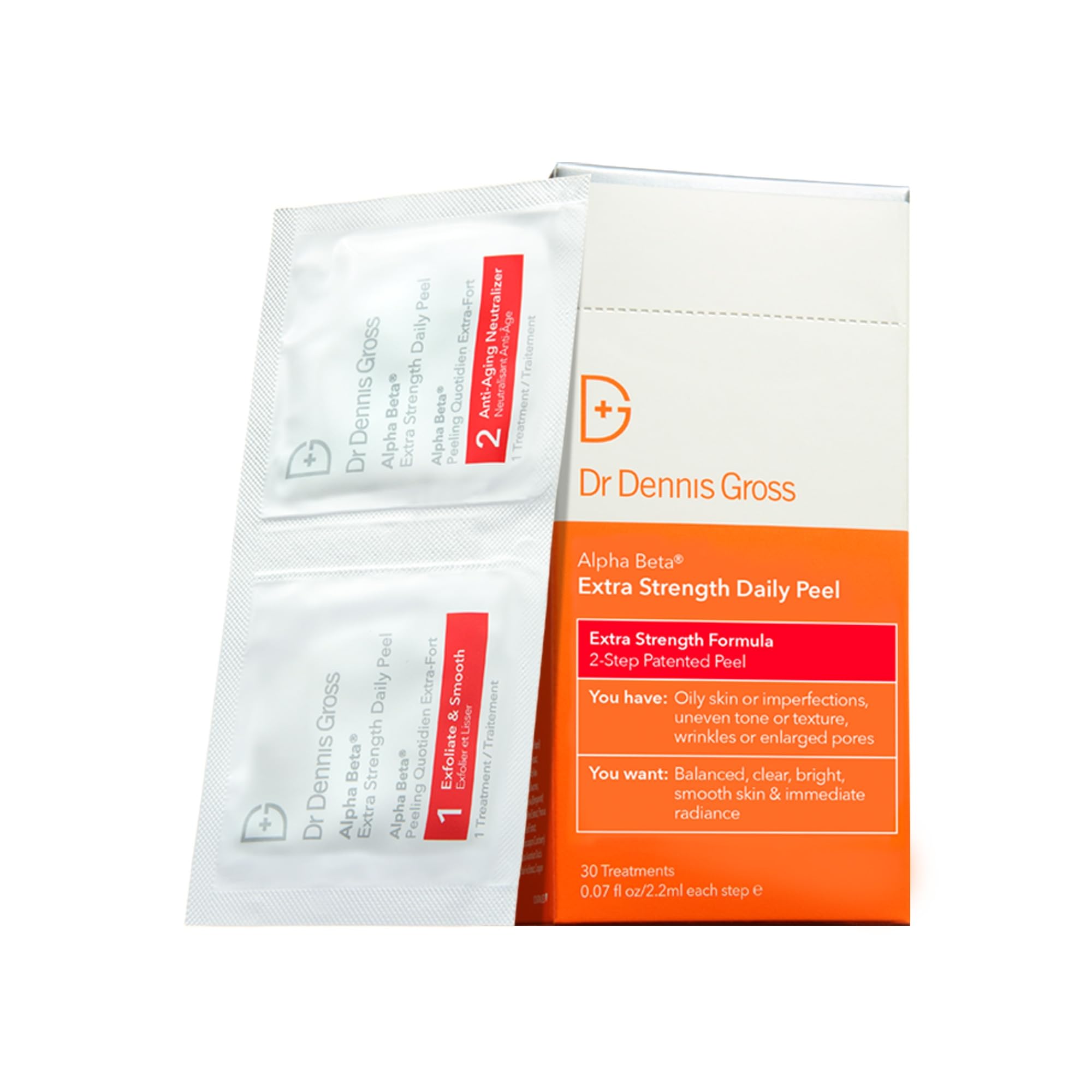 Dr Dennis Gross front box and pads showing quick professional peel for clearer skin