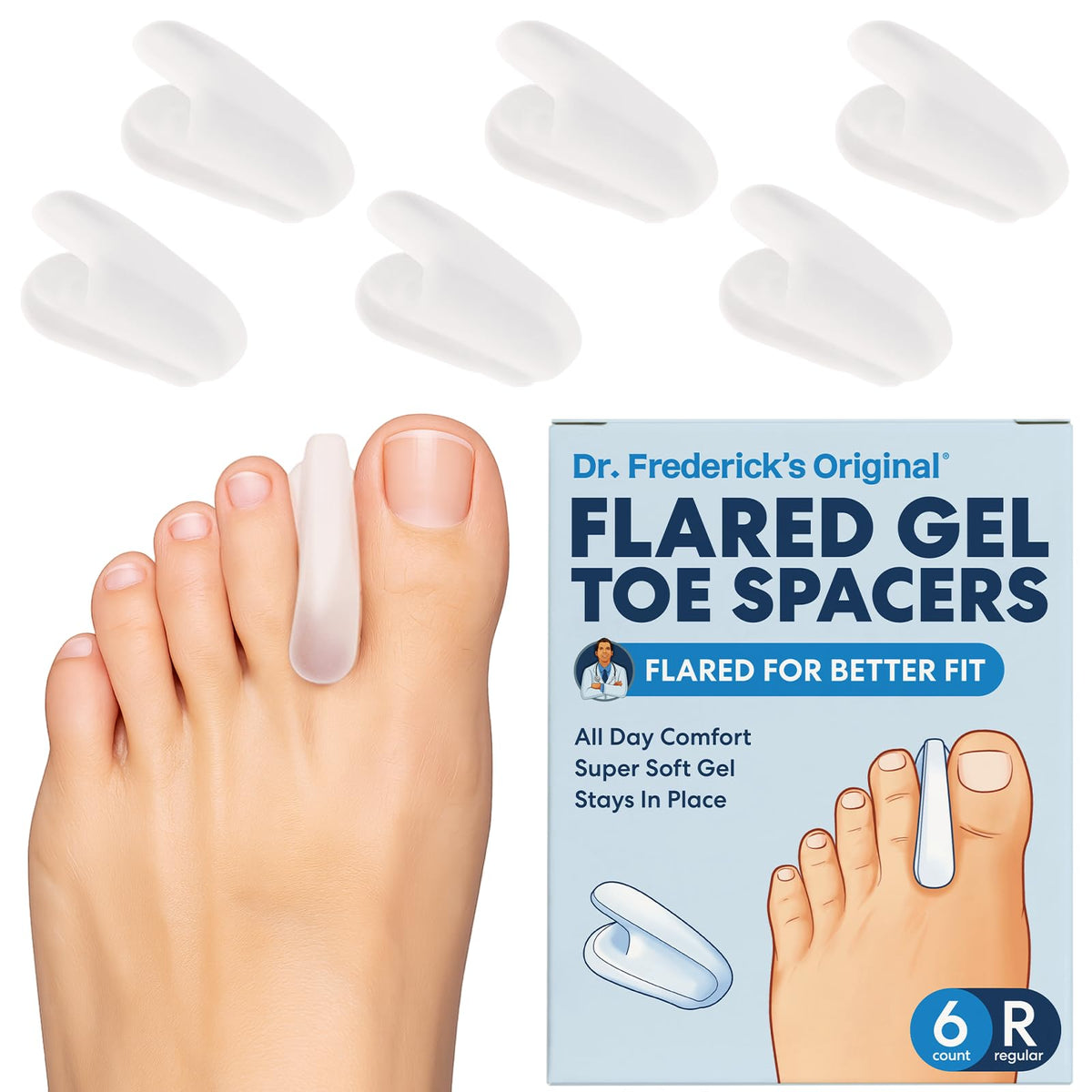 Dr. Frederick's front packaging showing six flared gel toe separators and product benefit