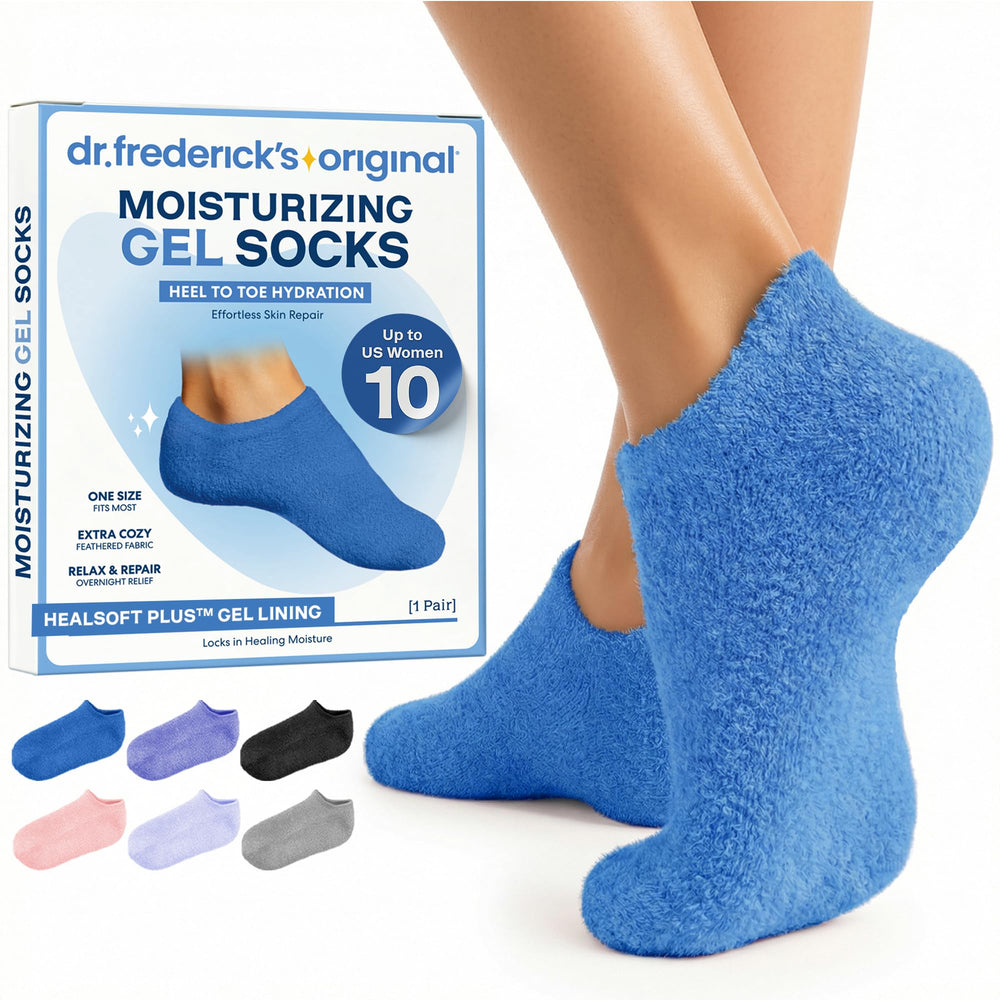 Dr. Frederick's front packaging showing moisturizing gel socks and benefits
