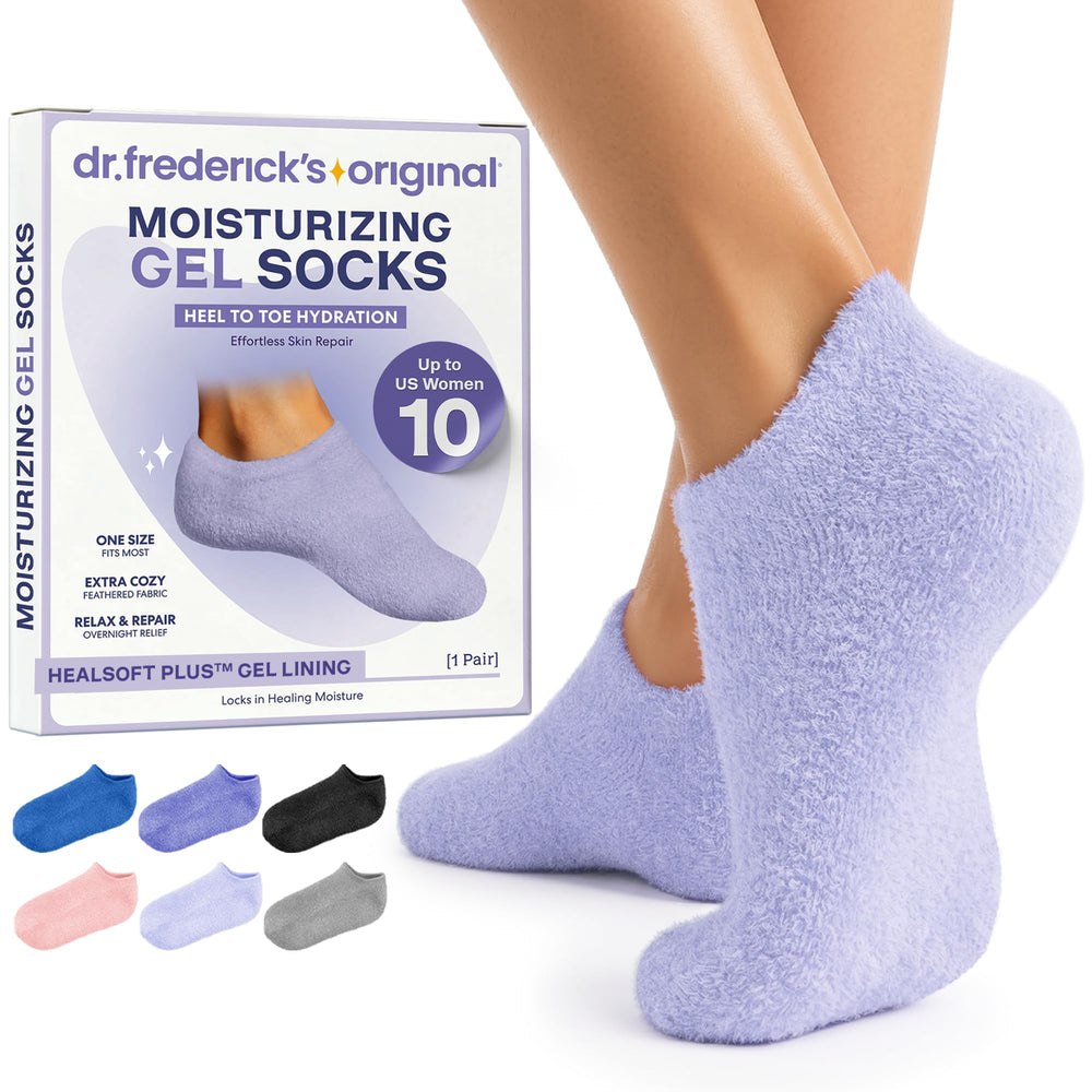 Dr. Frederick's front view of lilac leisure moisturizing gel socks shows cozy comfort benefit